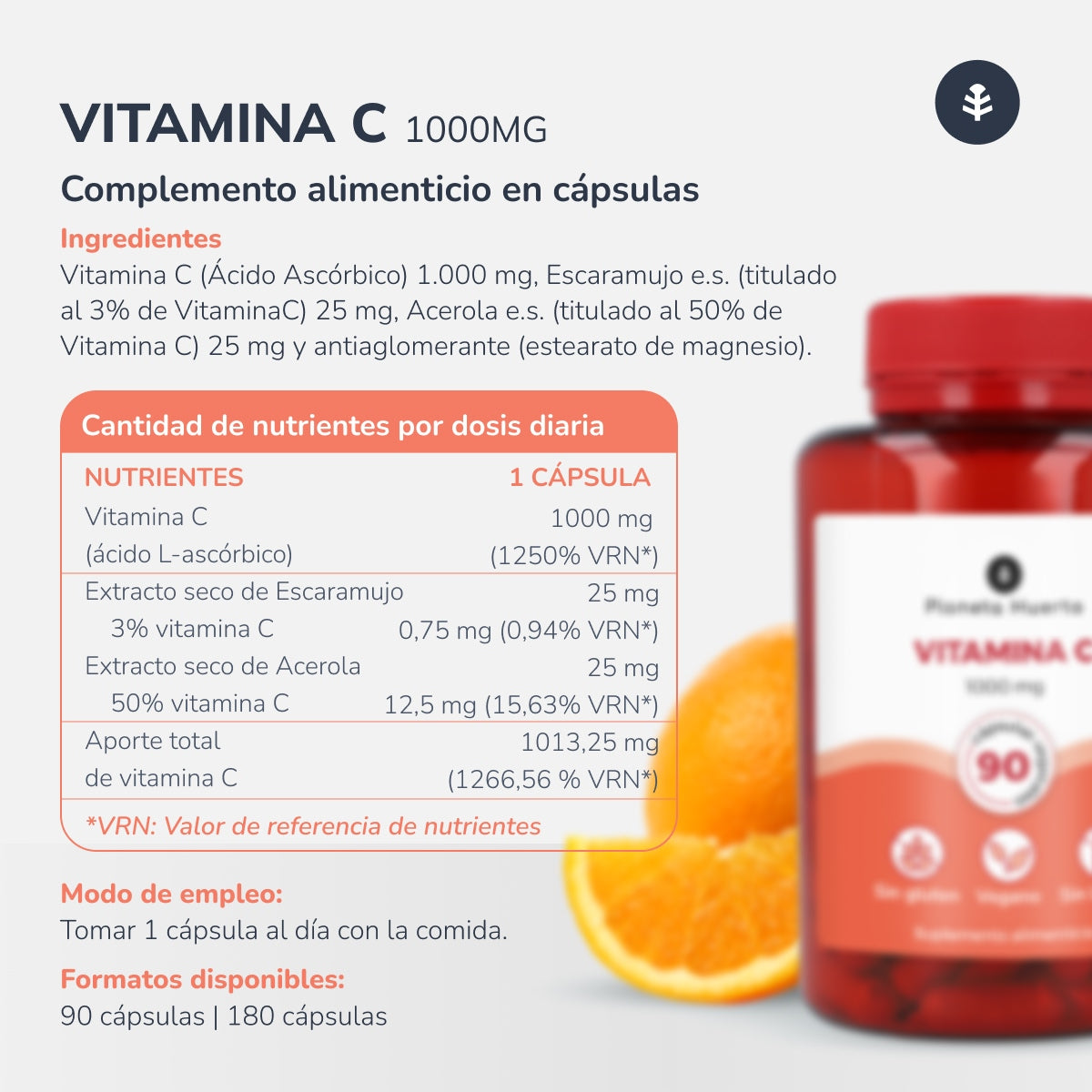 Vitamina C 1000 mg Planeta Huerto 180 cápsulas vegetales