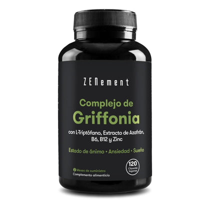 Complejo de Griffonia (fuente de 5-HTP) con L-Triptófano, extracto de azafrán, B6, B12 y Zinc Zenement, 120 comprimidos