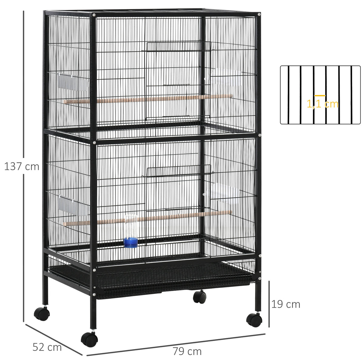Jaula Para Pájaros Con Ruedas Y Comederos Pawhut 79x52x137 Cm Negro_2