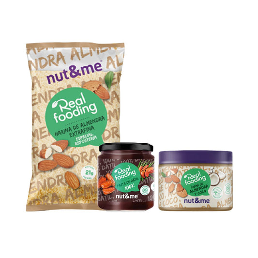 Pack Realfooding Nut&me Harina de almendra 1kg Crema de almendra y coco 250g y Pasta de dátil 500g