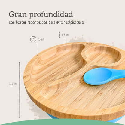 Vajilla De Bambú Natural Para Bebé Con Ventosa Antideslizante 2 Piezas Althea Living Azul Capri_3