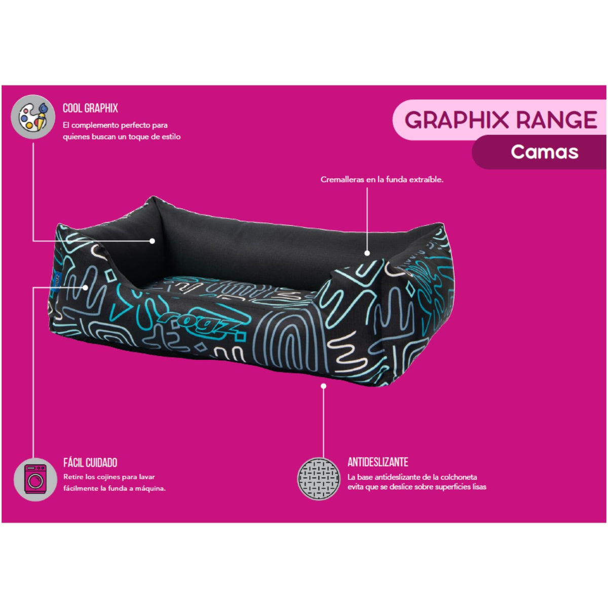 Cama Para Perro Rogz Graphix 101x64x33cm Estampado Arcos Talla Xl (39-64kg)_1