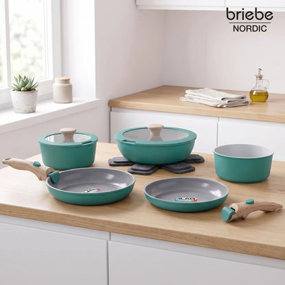 Briebe Nest Batería Cocina Inducción Cerámica Mango Extraíble Apilable, Antiadherente Suizo Ilag, 13 Piezas, 3 Sartenes_1