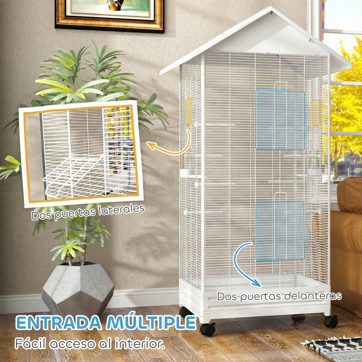 Jaula Para Pájaros Pawhut Acero, Pp Blanco 79x65x155 Cm_5