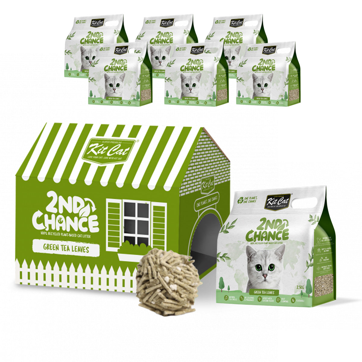 Pack 6 Kit Cat Arena Eco 2nd Chance - Green Tea 2,5 Kg Hojas de Té Verde, Guisante y Yuca
