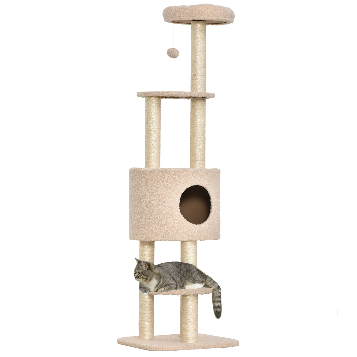 Pawhut Árbol Para Gatos Altura 148 Cm Con Postes De Sisal Y 3 Plataformas Beige_1