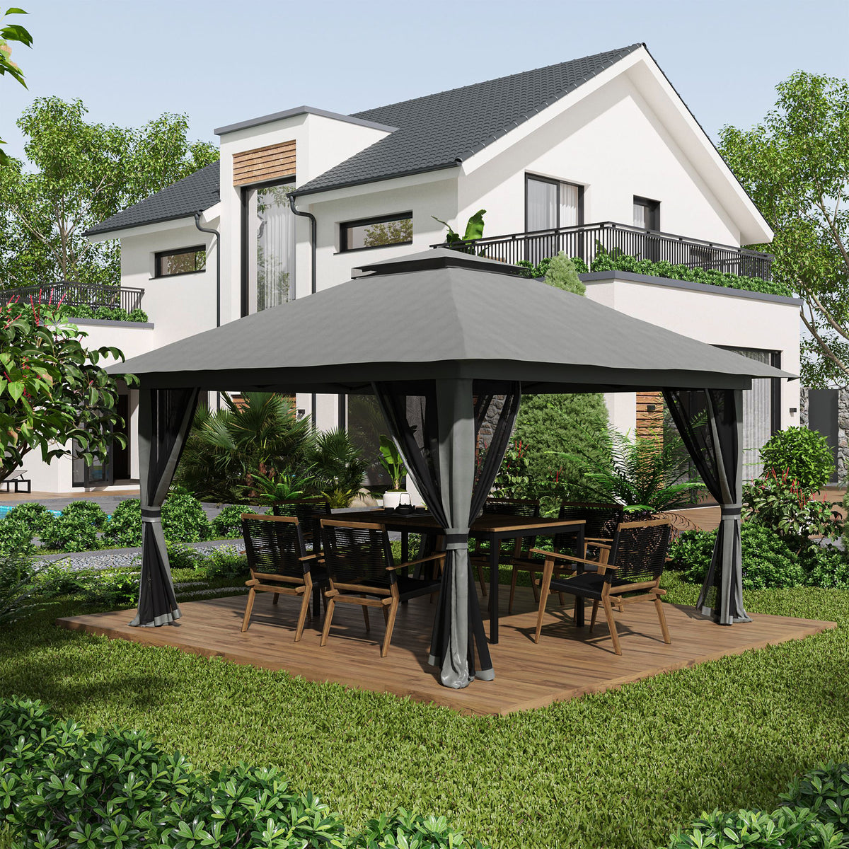 Carpa Plegable Outsunny Metal, Poliéster Gris Oscuro 392x392x283 Cm_1