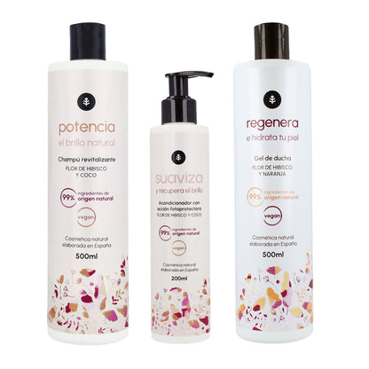 Pack Flor de Hibisco: Champú potenciador de brillo 500 ml + Gel de ducha 500 ml + Acondicionador recuperador de brillo 200 ml Planeta Huerto