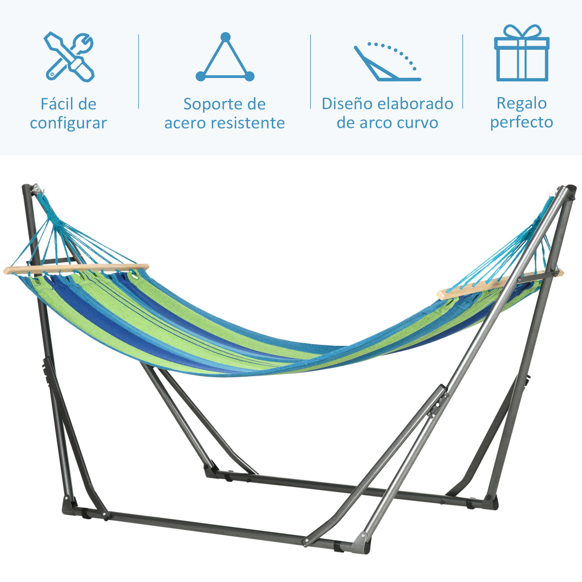 Hamaca Outsunny Acero, Algodón Azul Y Verde 270x100x94 Cm_5