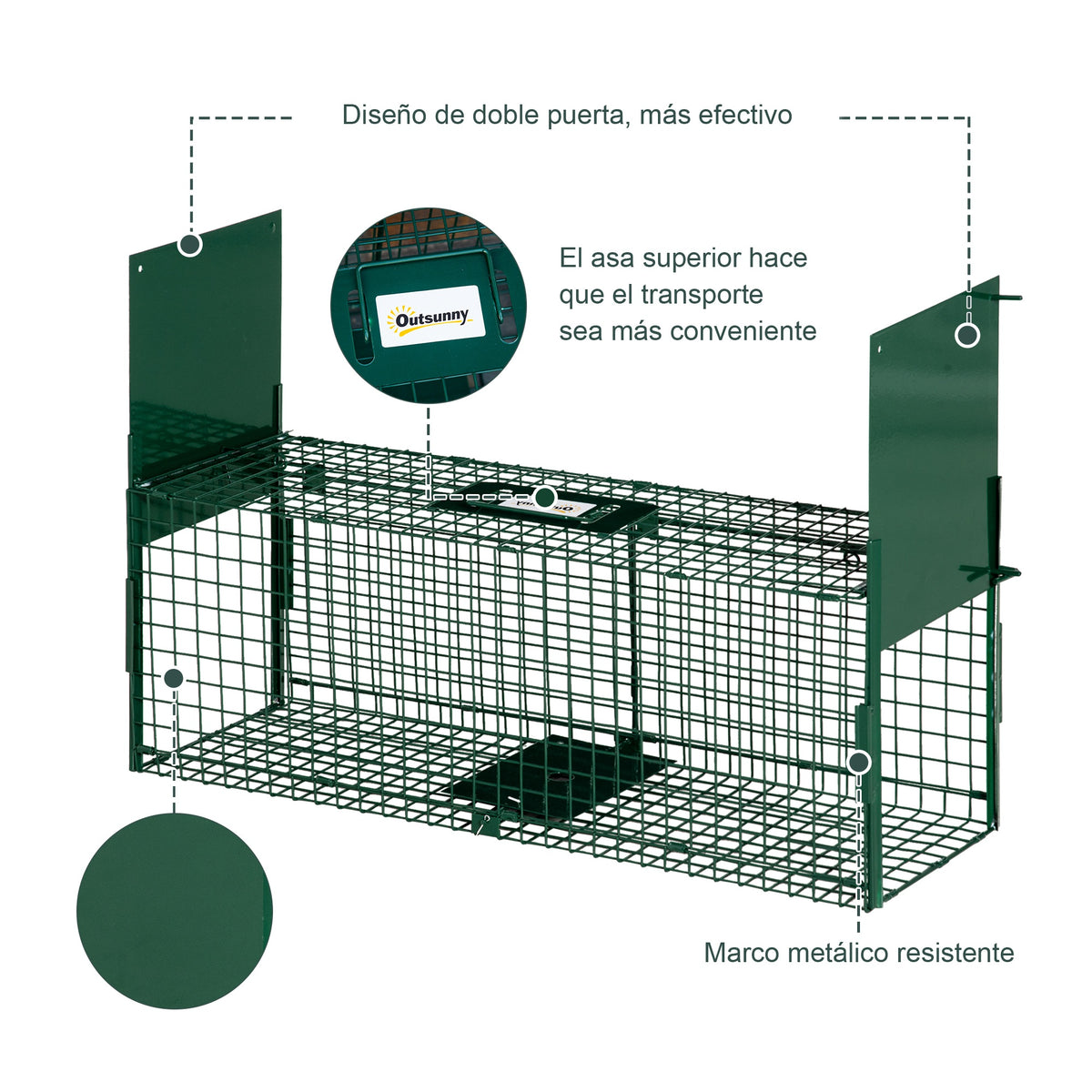 Trampa Para Animales Vivos Con 2 Puertas Outsunny 80x25x30 Cm Verde_5