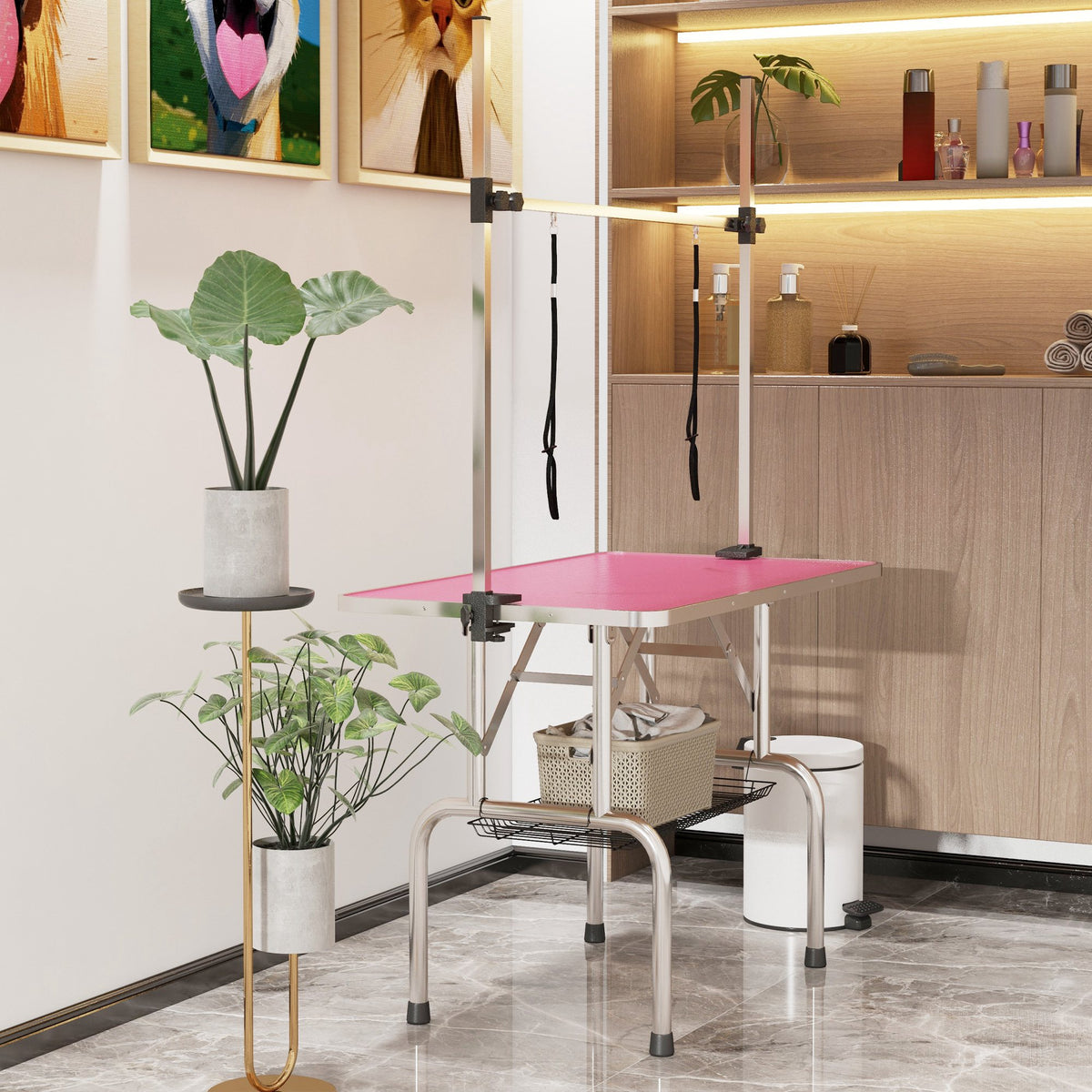 Mesa De Peluquería Pawhut Goma, Metal Rosa 107x60x164 Cm_1