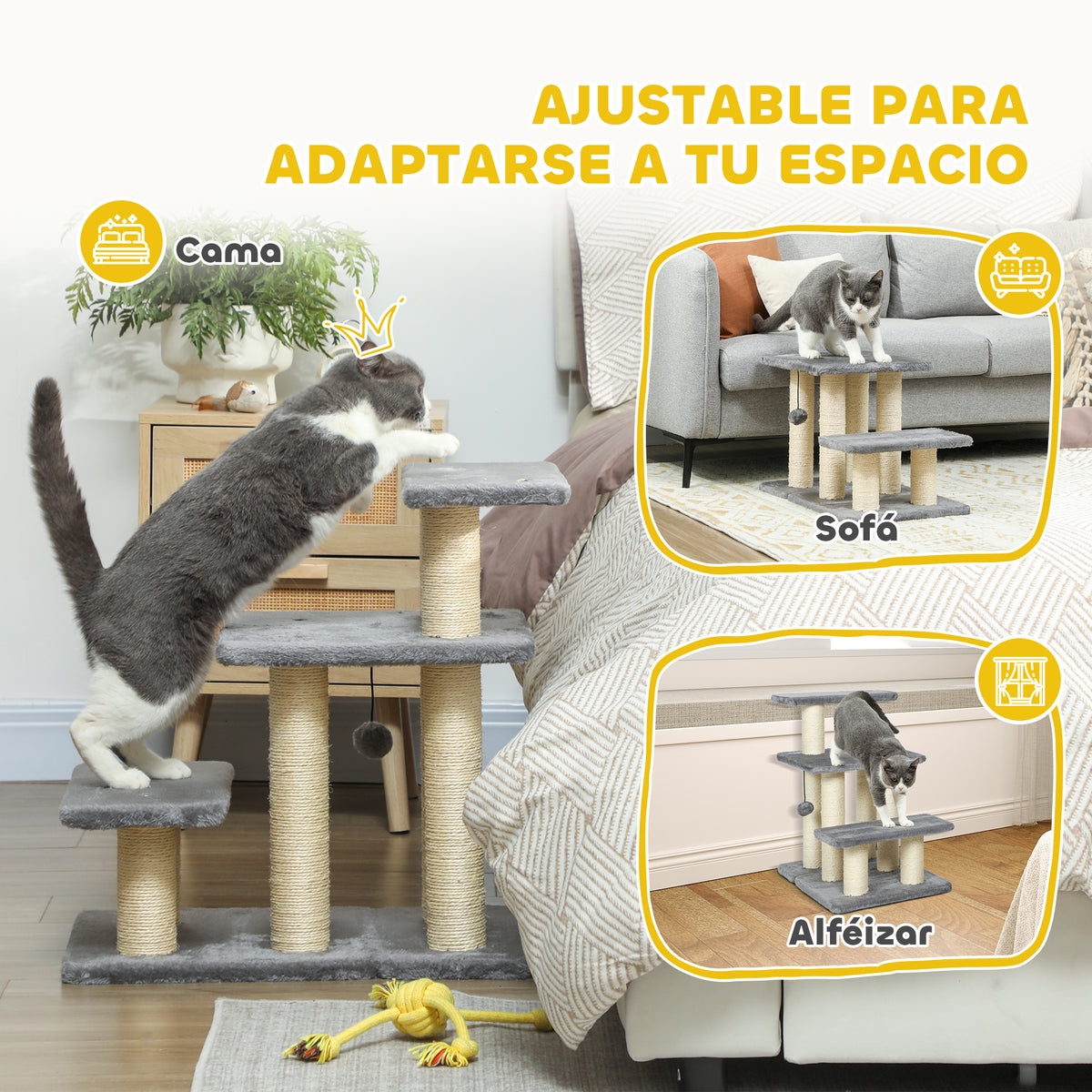 Pawhut Escalera Para Gatos De 3 Peldaños 52x34,5x54 Cm Gris_4
