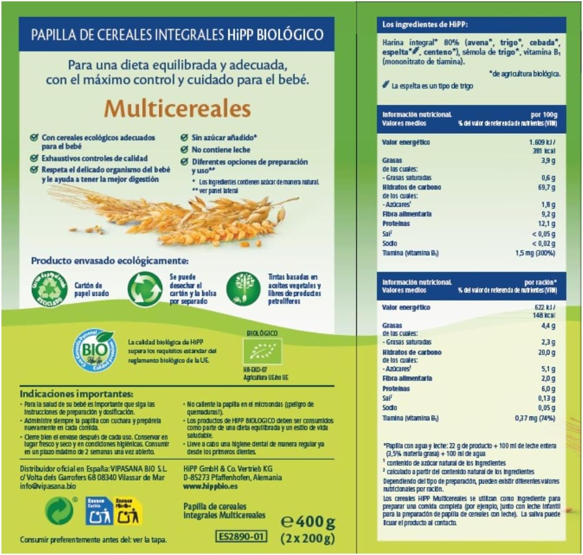 Pack x 3 Papilla multicereales bio +6 meses HiPP 400 g