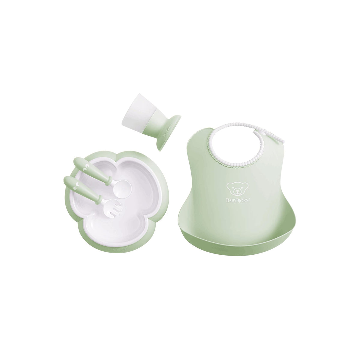 Vajilla + Babero BabybJörn Verde Pastel