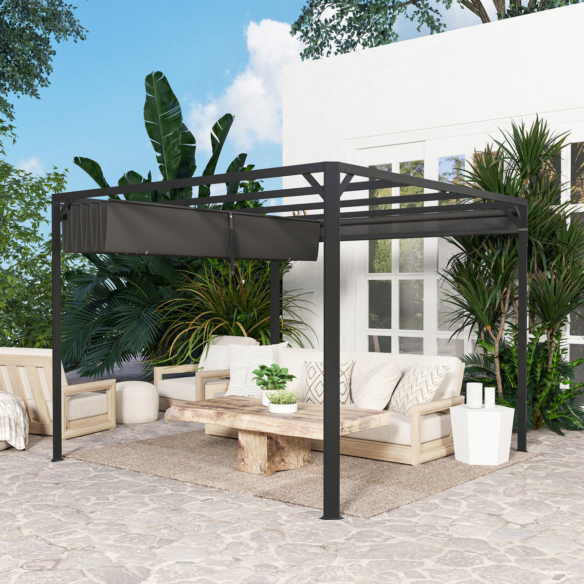 Pérgola Outsunny Aluminio, Tela De Poliéster Gris Oscuro 300x300x227 Cm_4