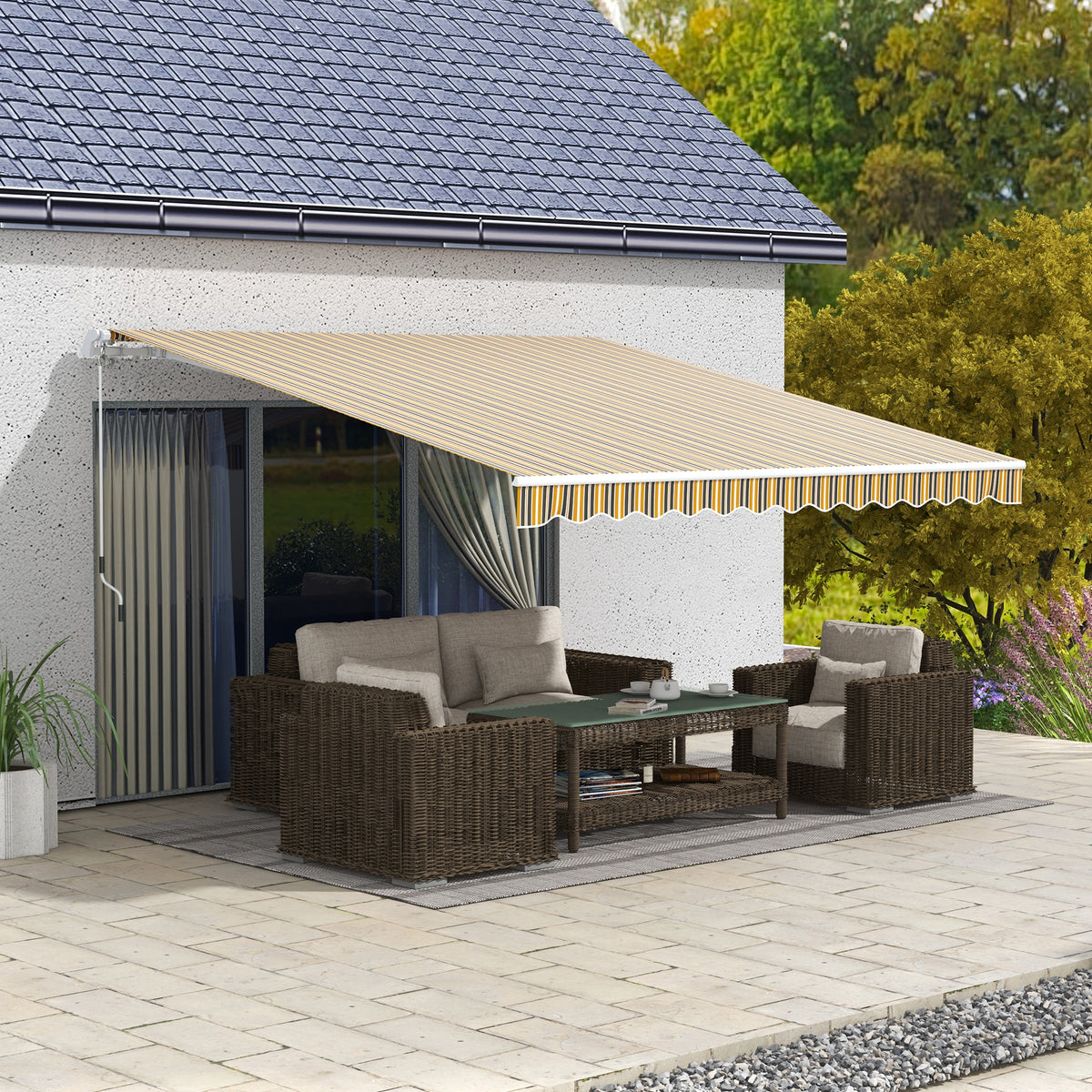 Toldo Manual Retráctil Outsunny Poliéster Gris Y Amarillo 350x250 Cm_1