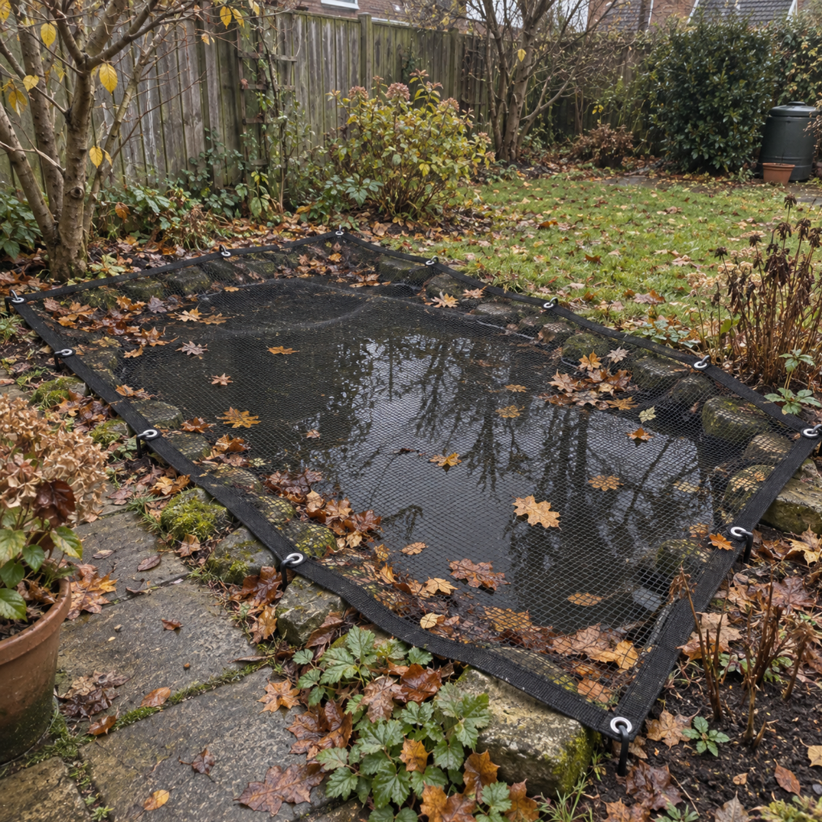 Cover Net Red Estanque 4x3m - Malla 10mm - Negro/verde - Con Estacas_4