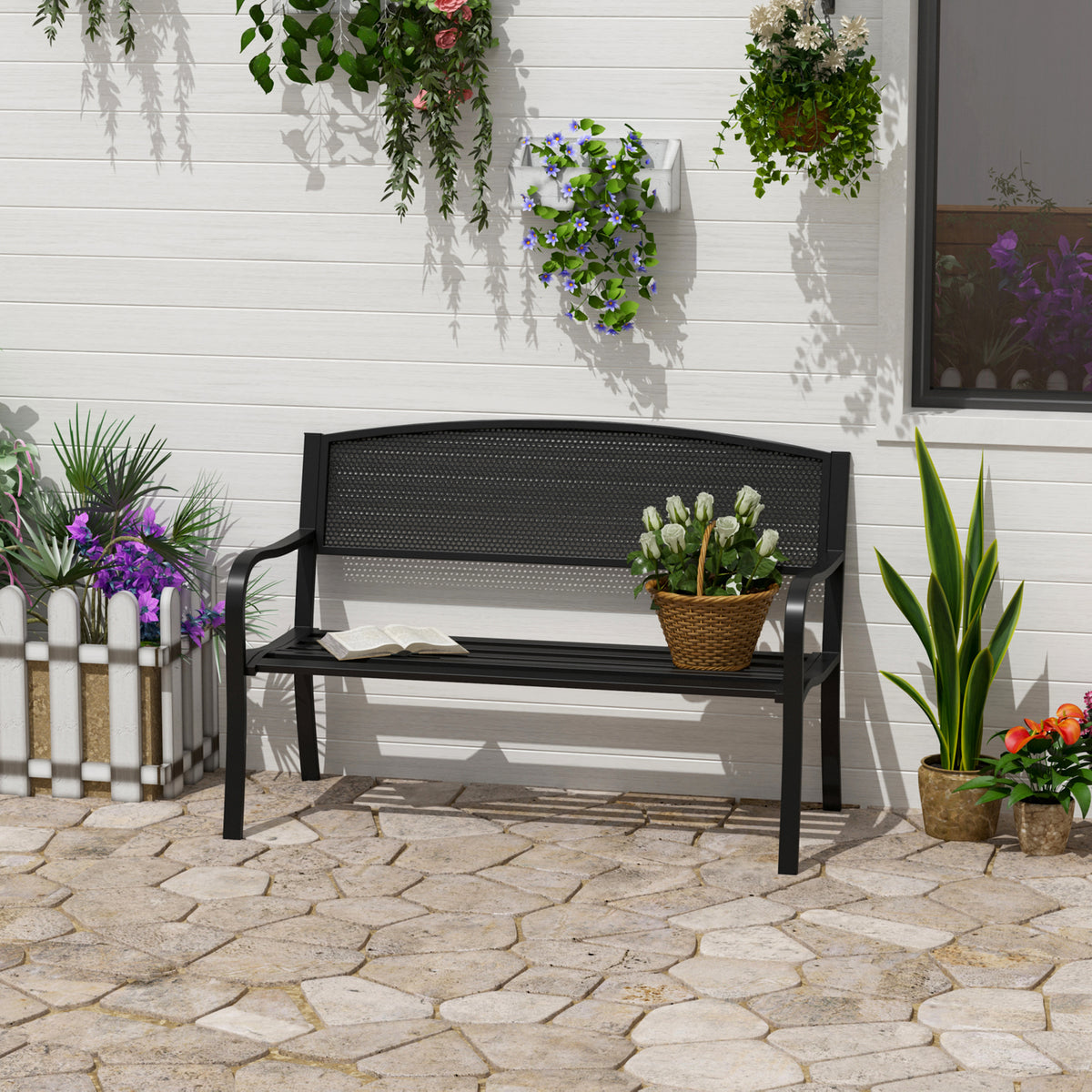 Banco De Jardín Outsunny Acero Negro 127x60x87 Cm_1