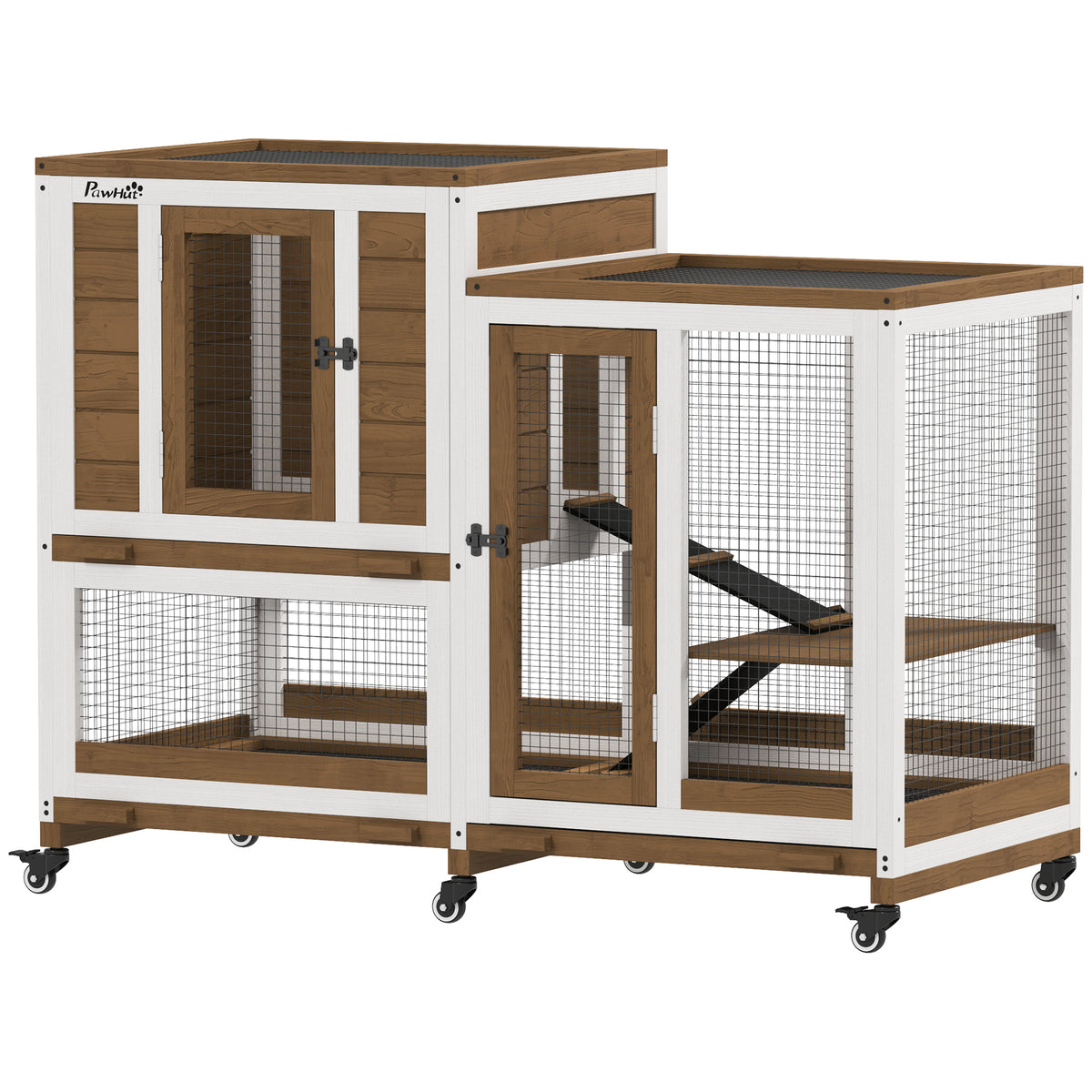 Conejera De Madera Pawhut Madera De Abeto, Acero Marrón Y Blanco 110x50x86 Cm_0