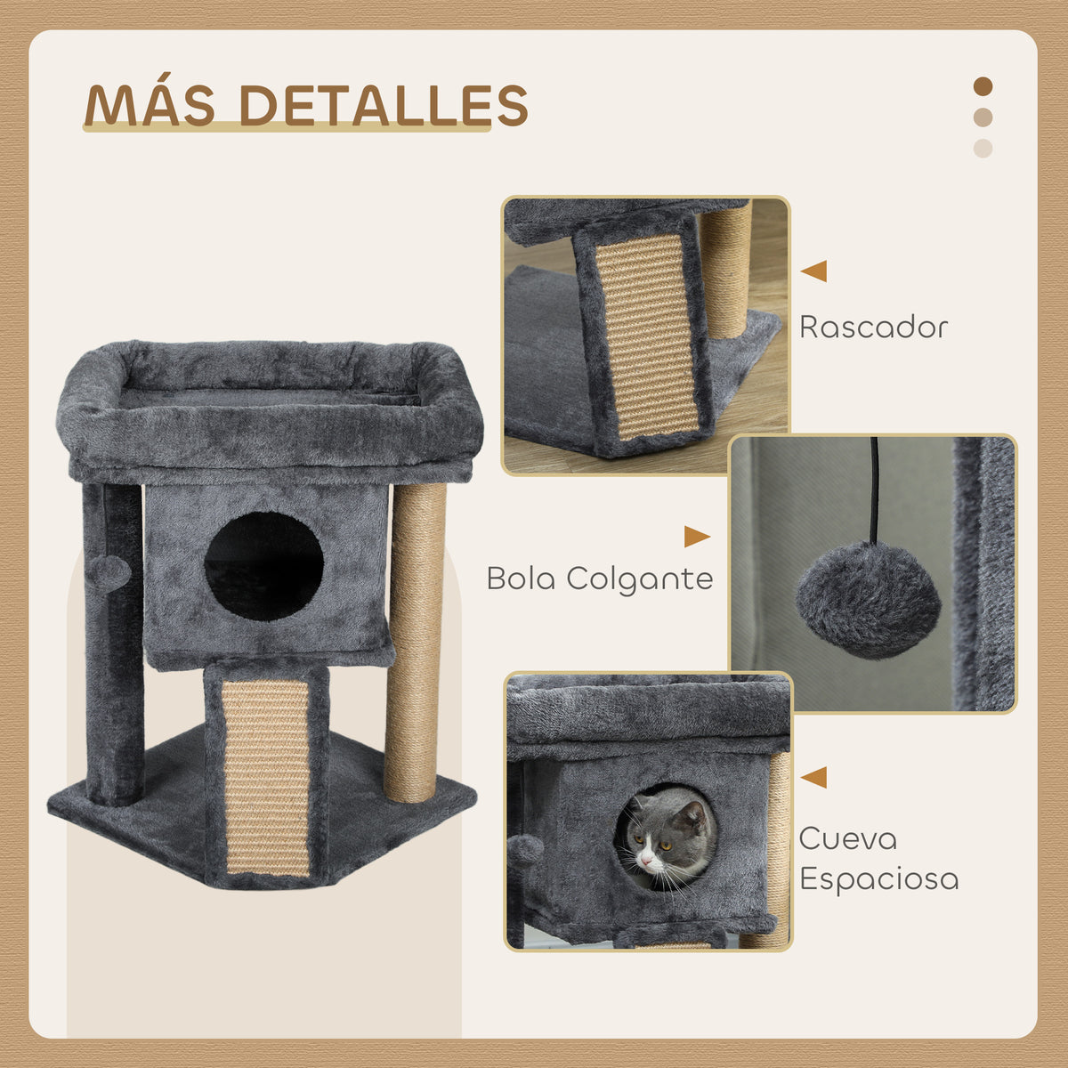 Pawhut Árbol Rascador Para Gatos Pequeños 57 Cm Con Cueva Cama Gris Oscuro_4
