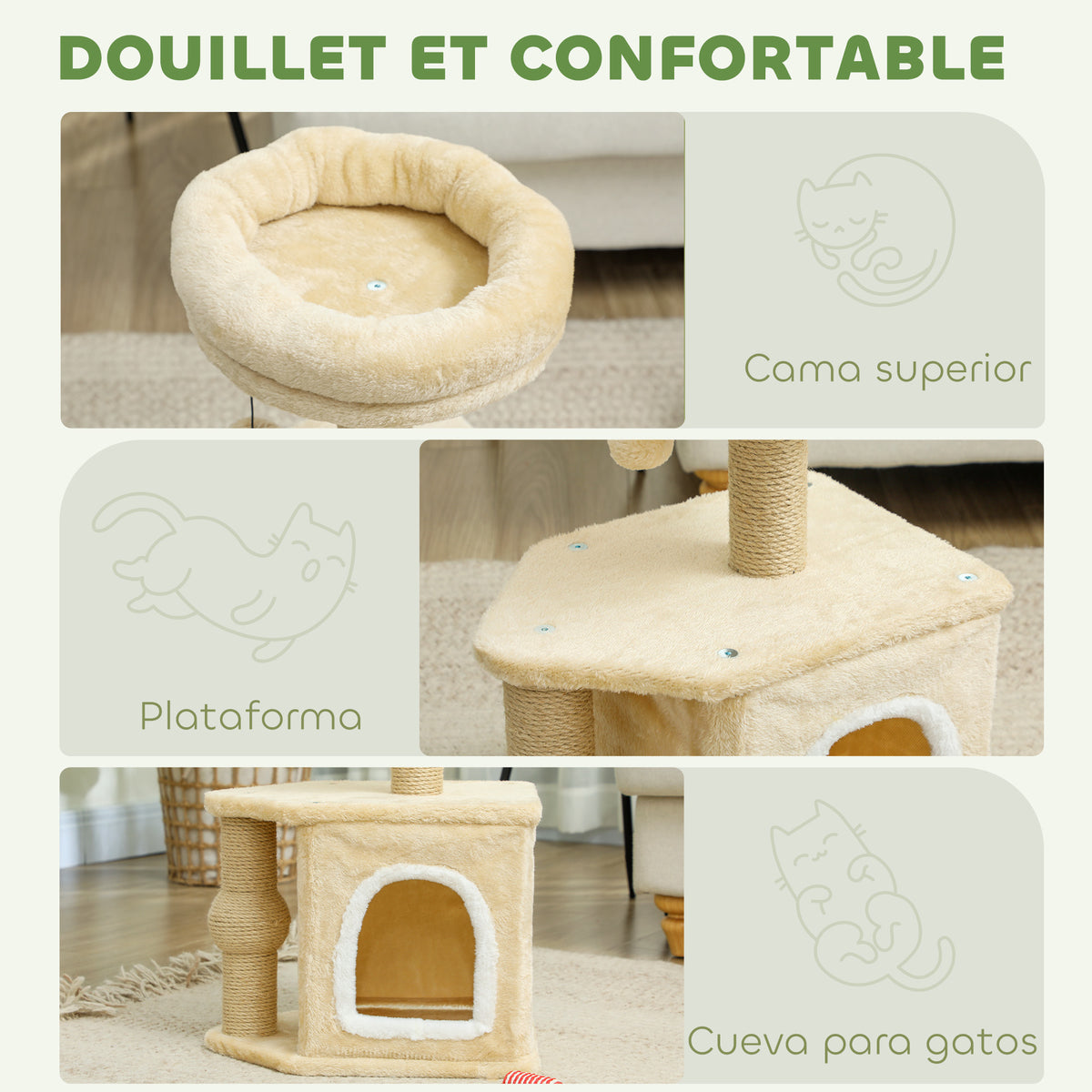 Pawhut Árbol Rascador Para Gatos Altura 66 Cm Con Cama Poste De Yute Beige_4