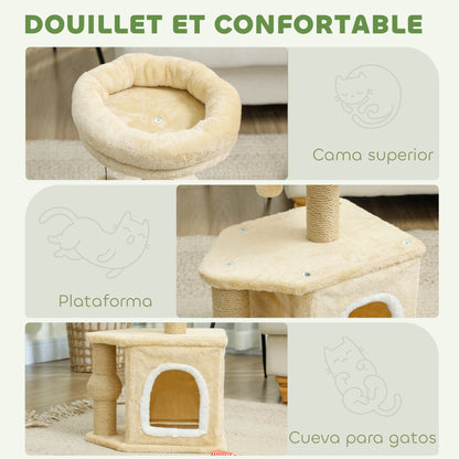 Pawhut Árbol Rascador Para Gatos Altura 66 Cm Con Cama Poste De Yute Beige_4