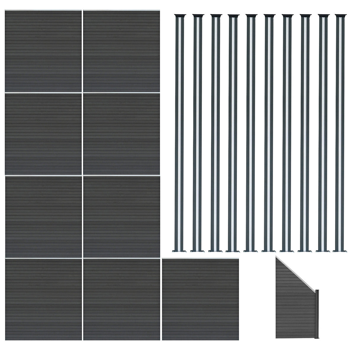 Vallas Para Exteriores De Wpc Y Aluminio - 9x Paneles Cuadrados + 1x Oblicuo + 10x Postes Con Led | Gris_0