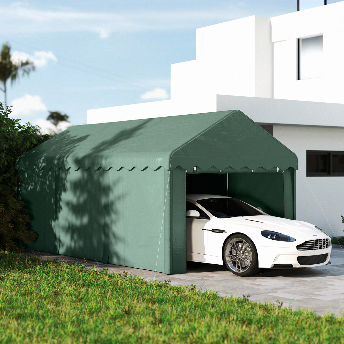 Garaje Exterior Coche Outsunny Poliéster, Acero Galvanizado Verde 594x300x280 Cm_1