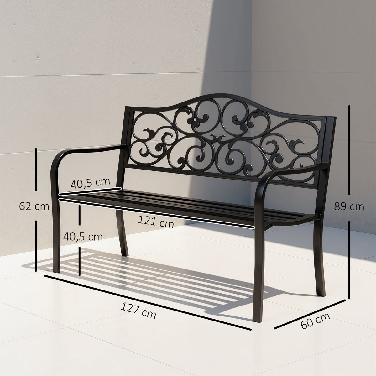 Banco De Jardín Outsunny Acero Negro 127x60x89 Cm_2