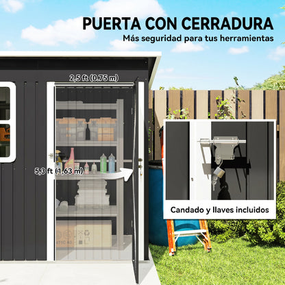 Outsunny Caseta De Jardín 221x133x190 Cm Con Ventana Y Puerta Con Cerradura Gris_5