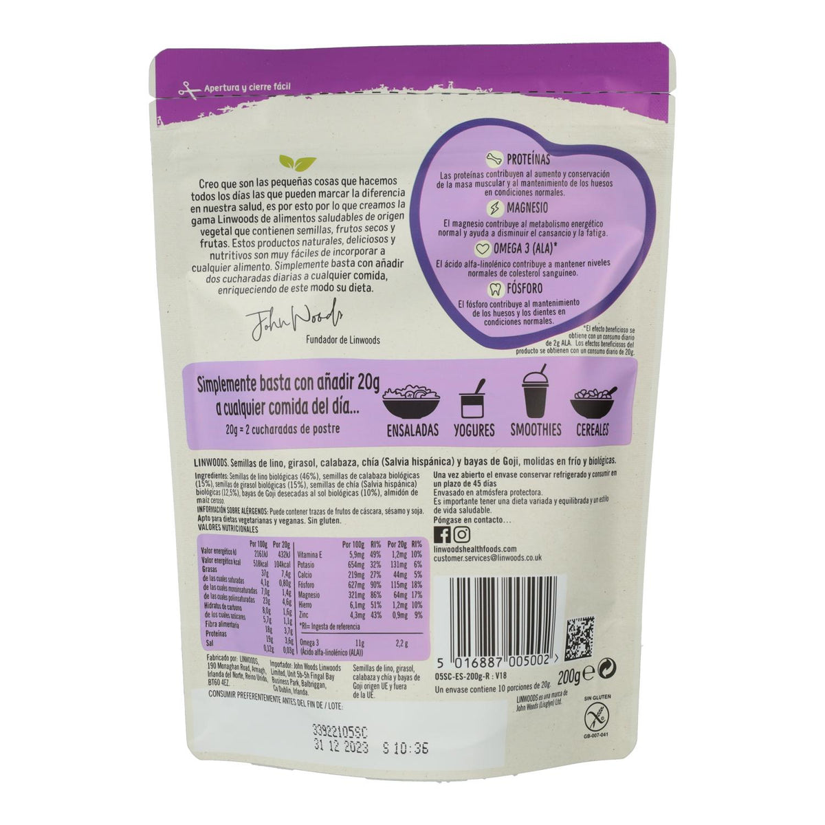 Semillas de Lino, Girasol, Calabaza, Chía y Bayas de Goji molidas Bio, Linwoods, 200 g
