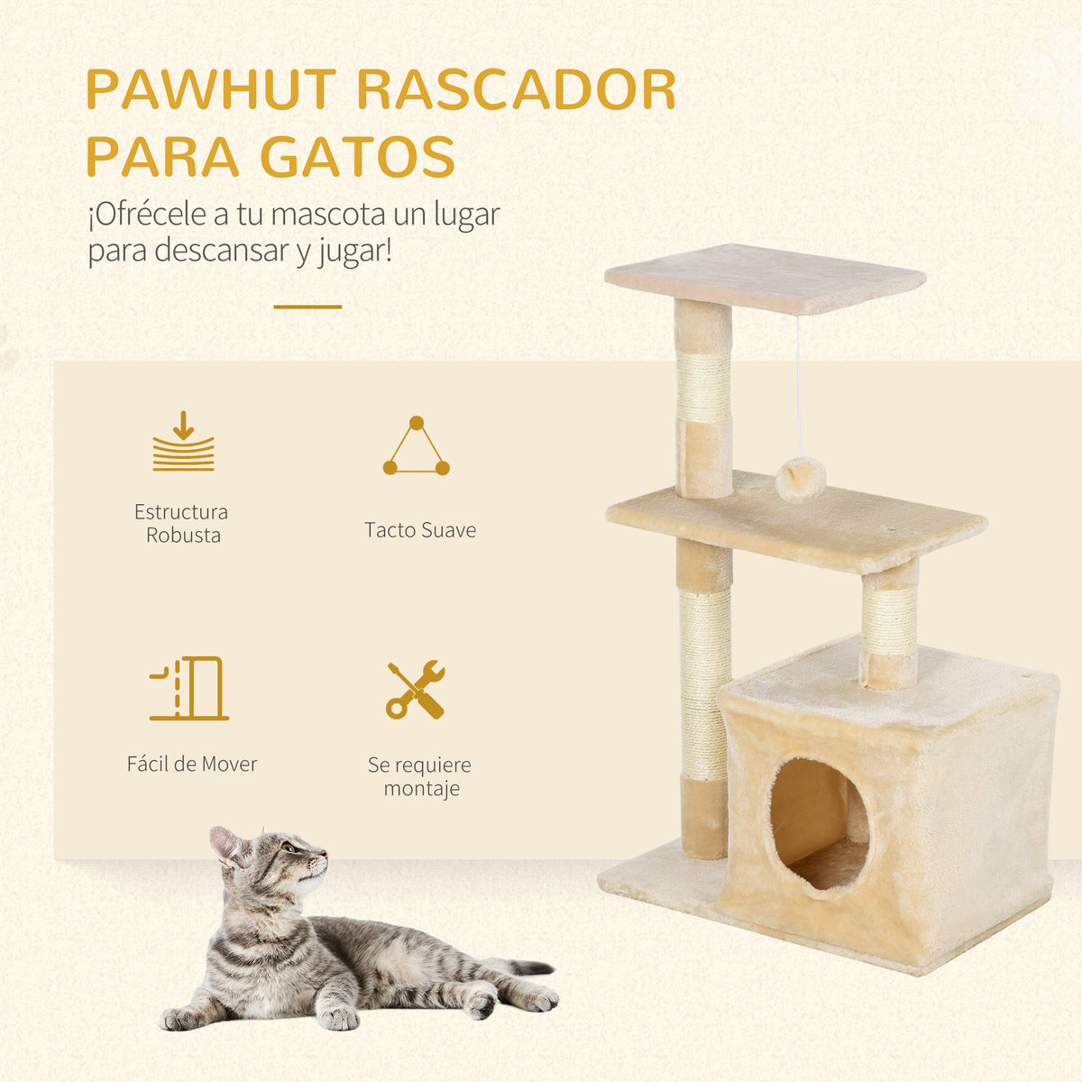Pawhut Árbol Rascador Para Gatos 50x30x81,5 Cm Con Postes Plataformas Caja Bola_3