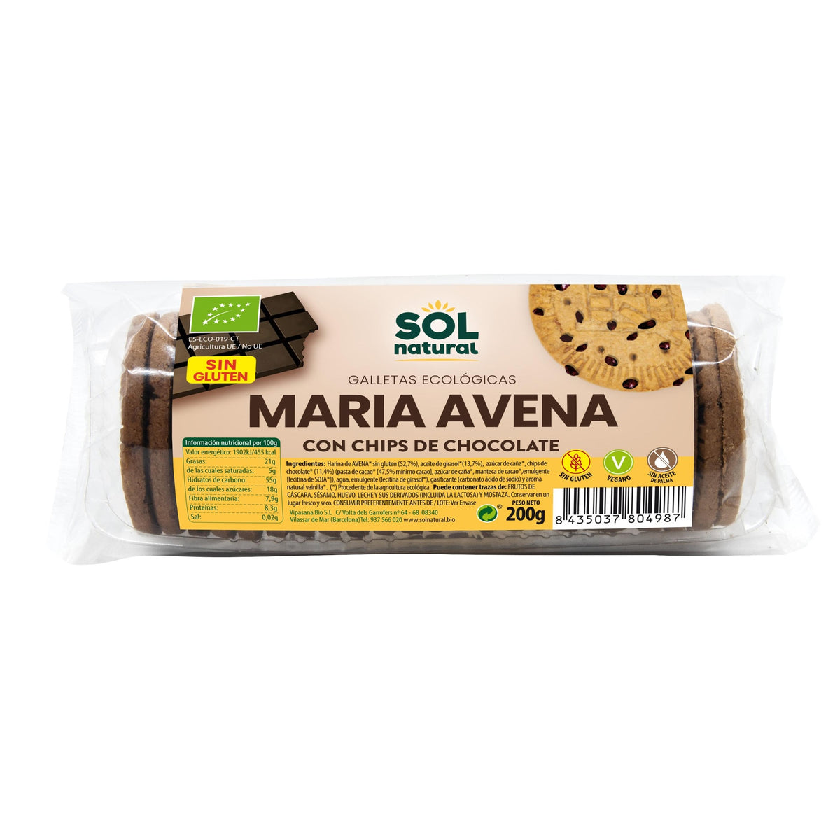 Galletas María de Avena sin gluten con Chips de Chocolate bio Sol Natural 200 g