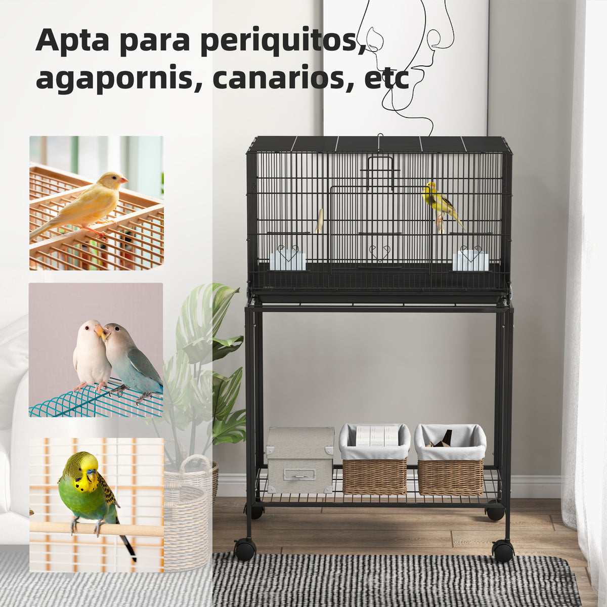 Jaula Para Pájaros Con Ruedas Pawhut Acero 77x46x119 Cm Negro_5