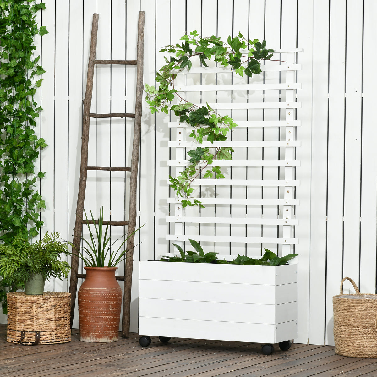 Jardinera Con Enrejado De Madera Ruedas Outsunny 76x30x155cm Blanco_1