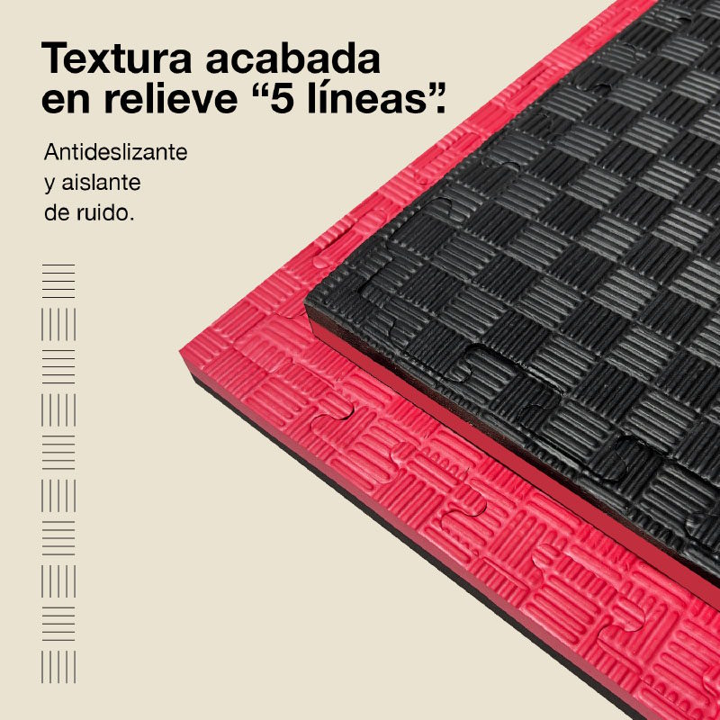 Tatami Puzzle 2,5cm 100x100cm, Pack 4 Unidades – Superficie 5 Líneas Negro/rojo Jowy_3