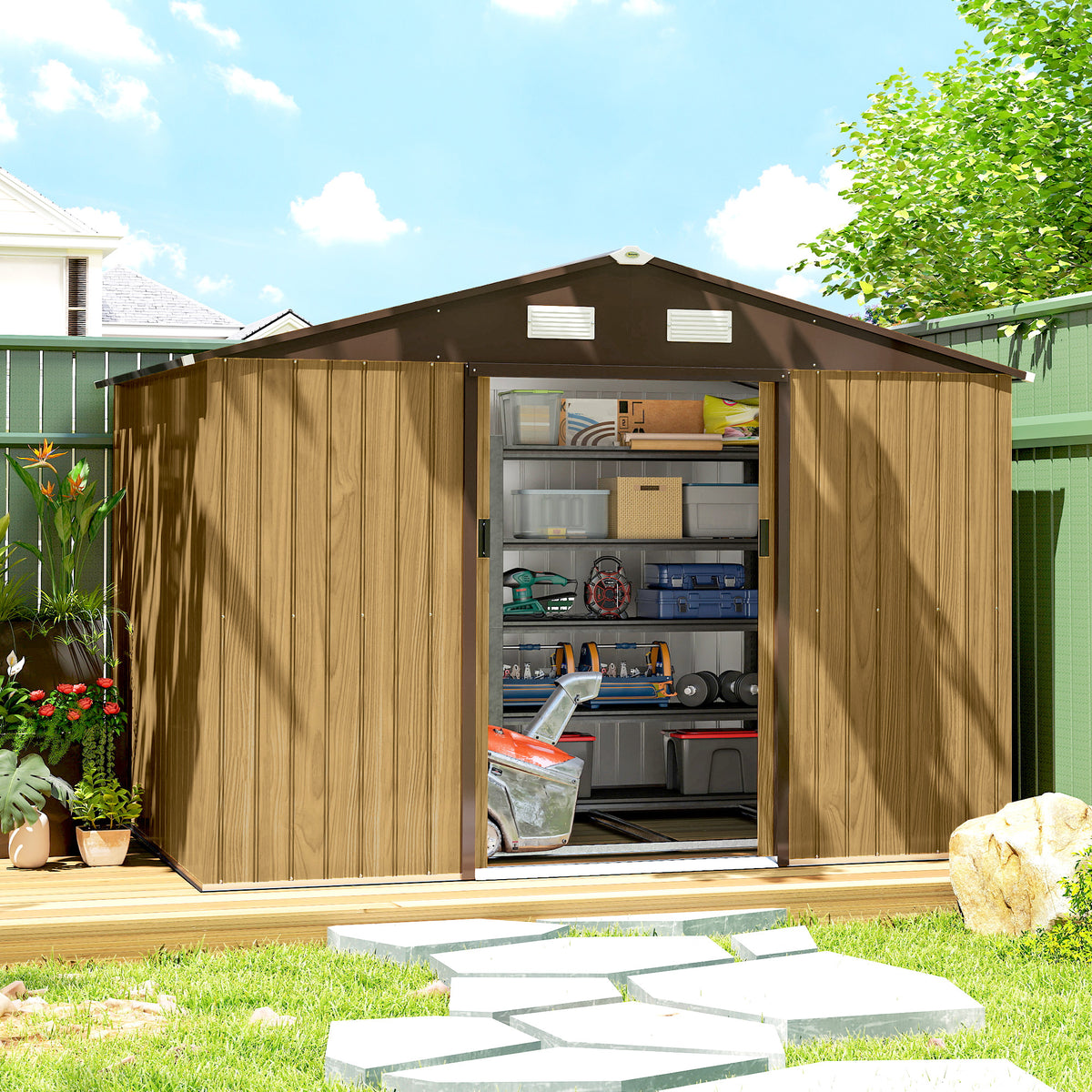 Caseta De Jardín Outsunny Acero Galvanizado Marrón 277x195x192 Cm_1