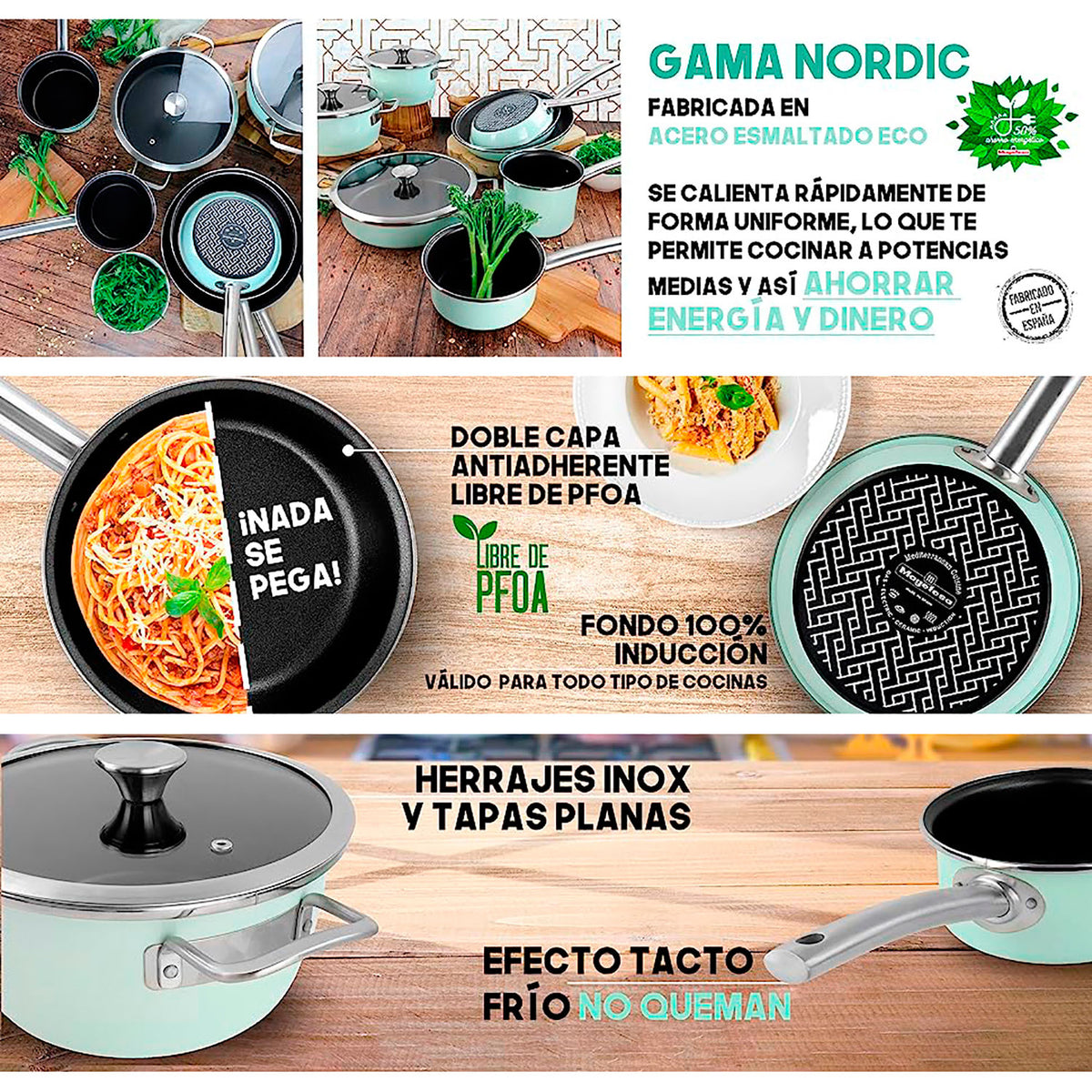 Batería Cocina Inducción 9 Piezas, Antiadherente Libre Pfoa Exterior Verde Menta Retro Vintage Magefesa Nordic, Verde_3