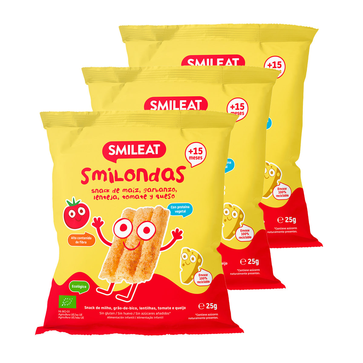 Pack 3x Smilondas Snack de Maiz, garbanzo, lenteja, Tomate y Queso Eco, Smileat, 25 g