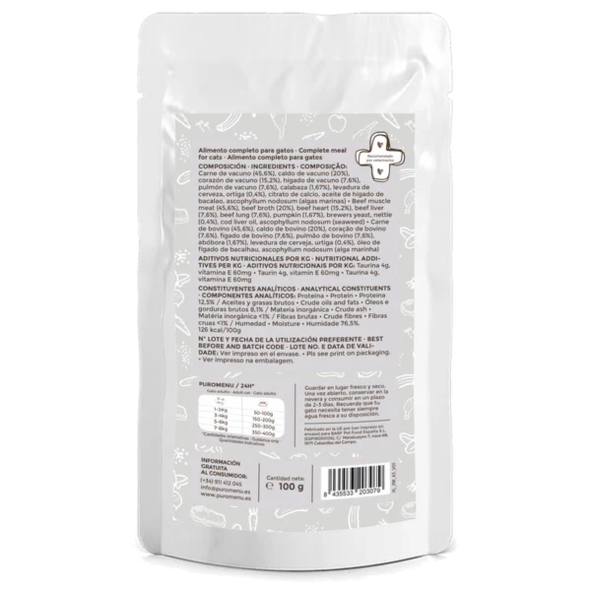 Pack Bigotes Felices (Vacuno) BIO Puromenu 6x100 g Comida húmeda Barf gatos