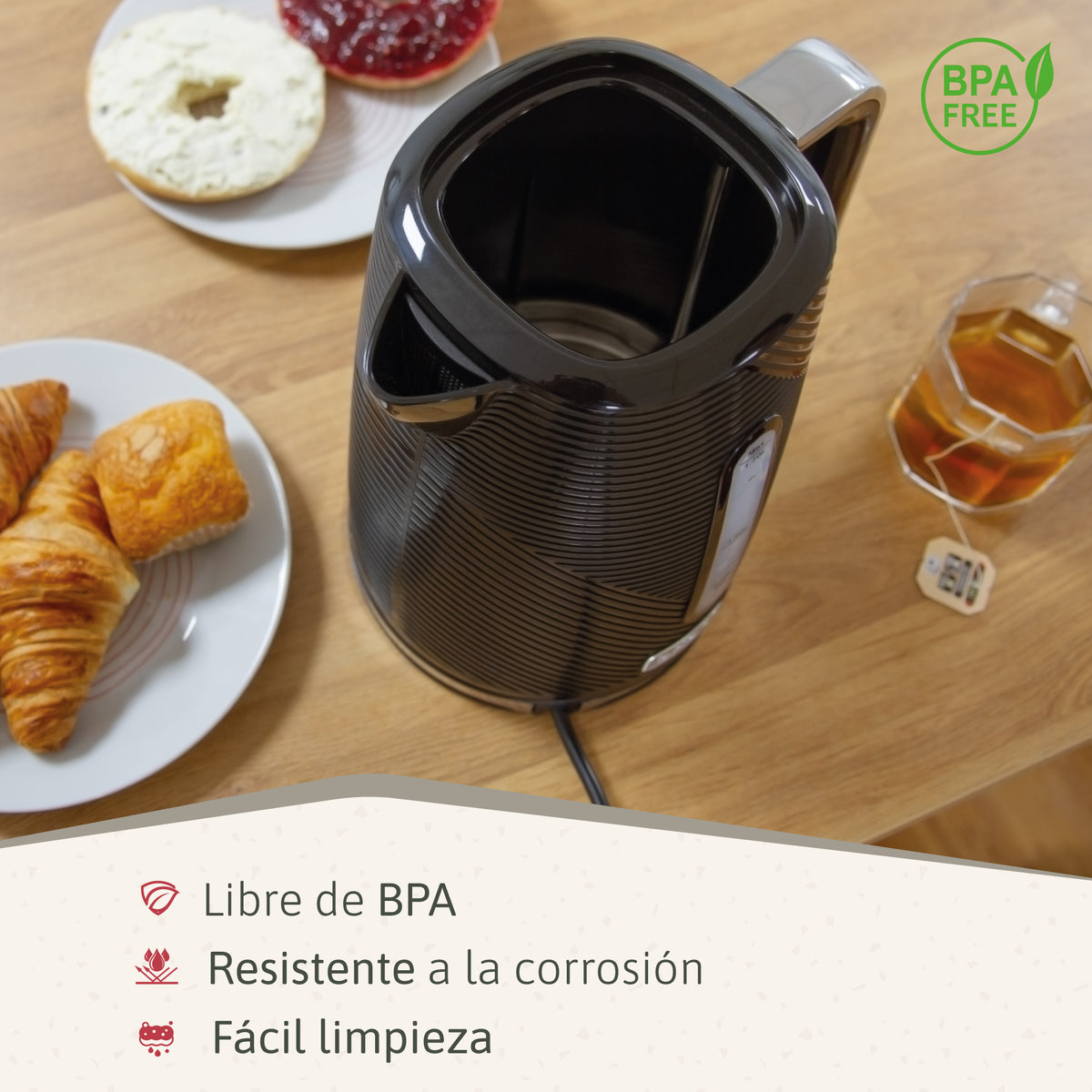 Briebe Elegance Hervidor Agua Eléctrico 1,7l Inalámbrico Ebullición Rápida, Libre De Bpa, Base De 360°, Kt1168blk,negro_4