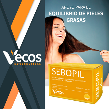Sebopil Vecos 60 Cápsulas | Para Cuidado De Acné Y Piel Grasa | Zinc, Bardana Y Vitaminas B_1