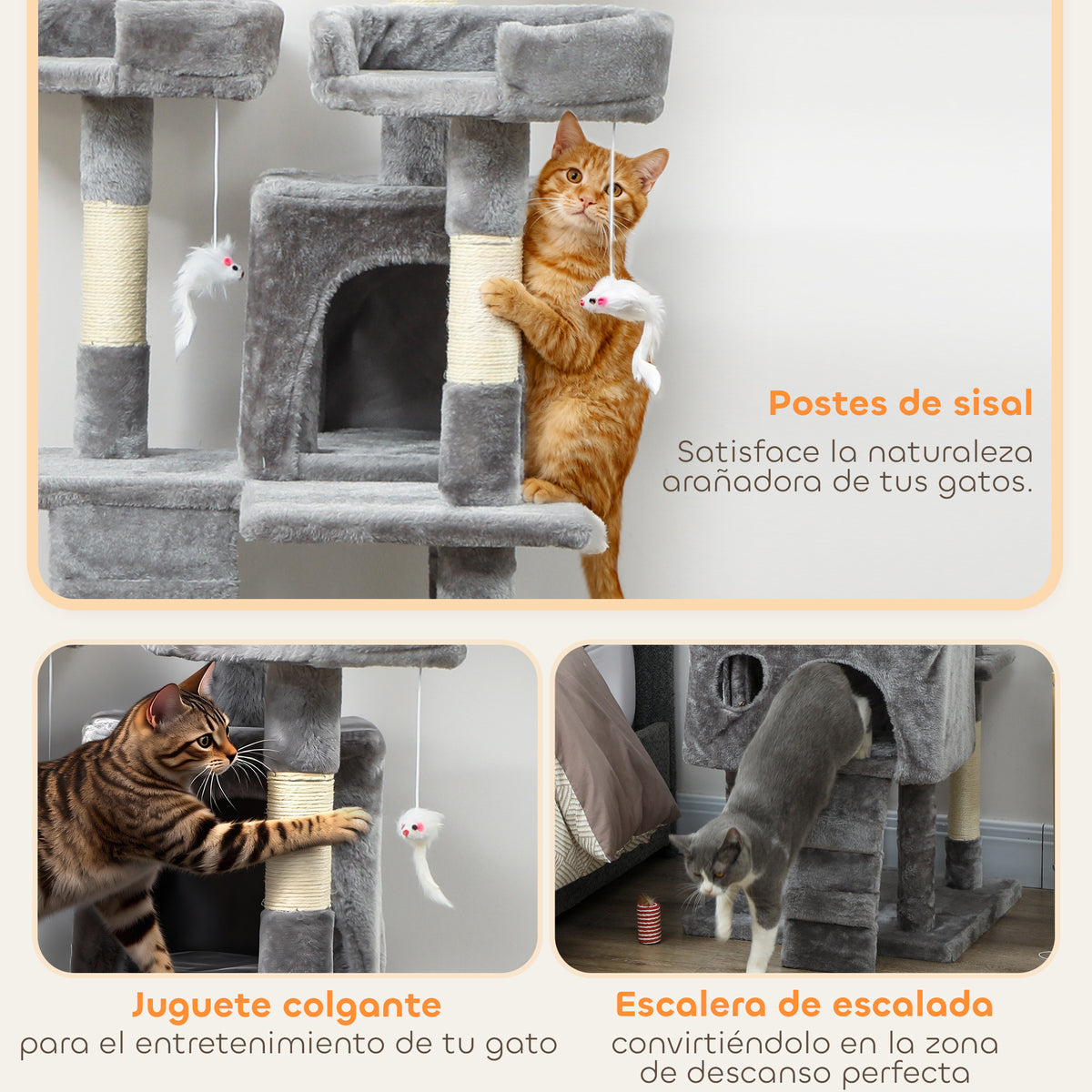 Pawhut Árbol Rascador Para Gatos 153 Cm Con 2 Cuevas 3 Camas 2 Rampas Gris_4