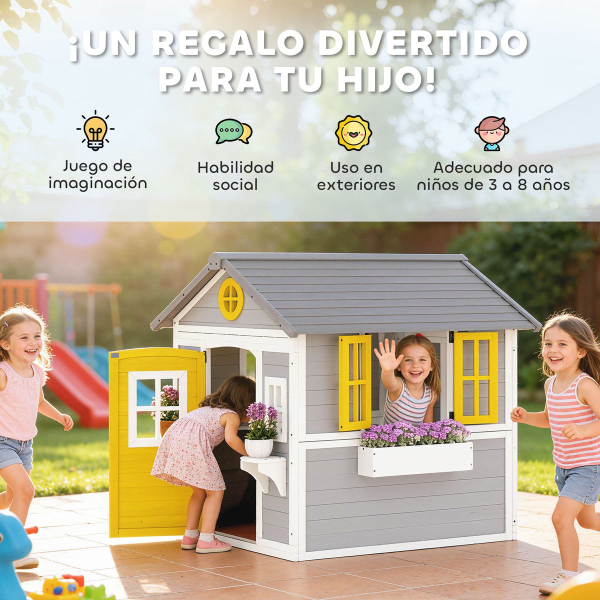 Casita Infantil Outsunny Madera De Abeto Gris 112x126x135 Cm_5