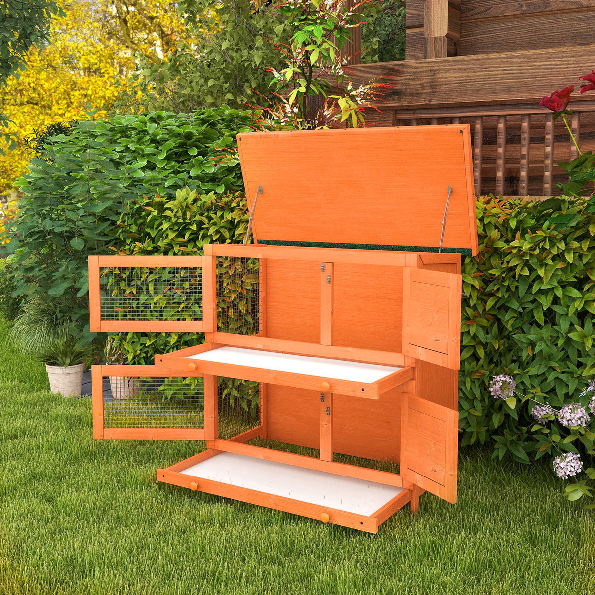 Conejera De Madera Exterior Techo Abrible Pawhut 90x45x90 Cm Natural_3