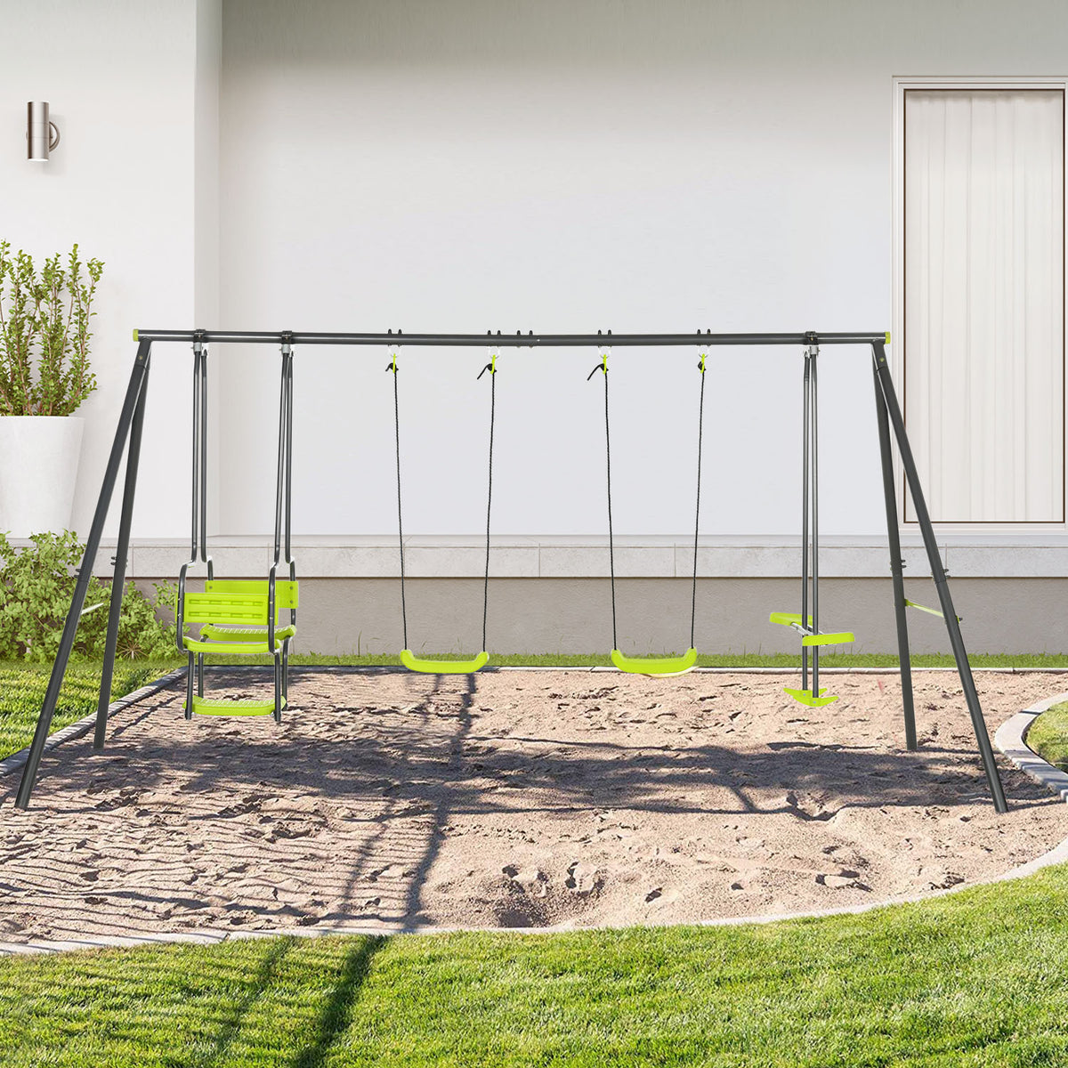 Juego De Columpio Infantil Exterior Outsunny 355x184x186 Cm Verde_1