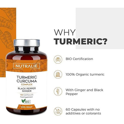 Nutralie Cúrcuma Complex + Jengibre y Pimienta Negra Orgánica 120 cápsulas