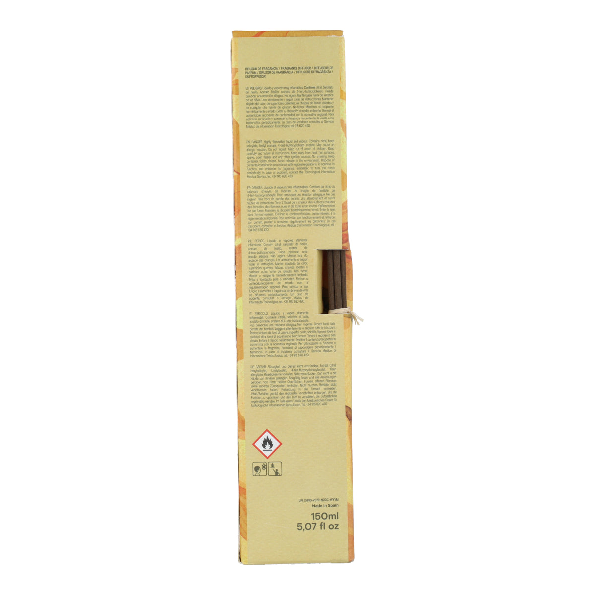 Ambientador mikado vainilla y tonka en frasco rayado amarillo Roura 100 ml