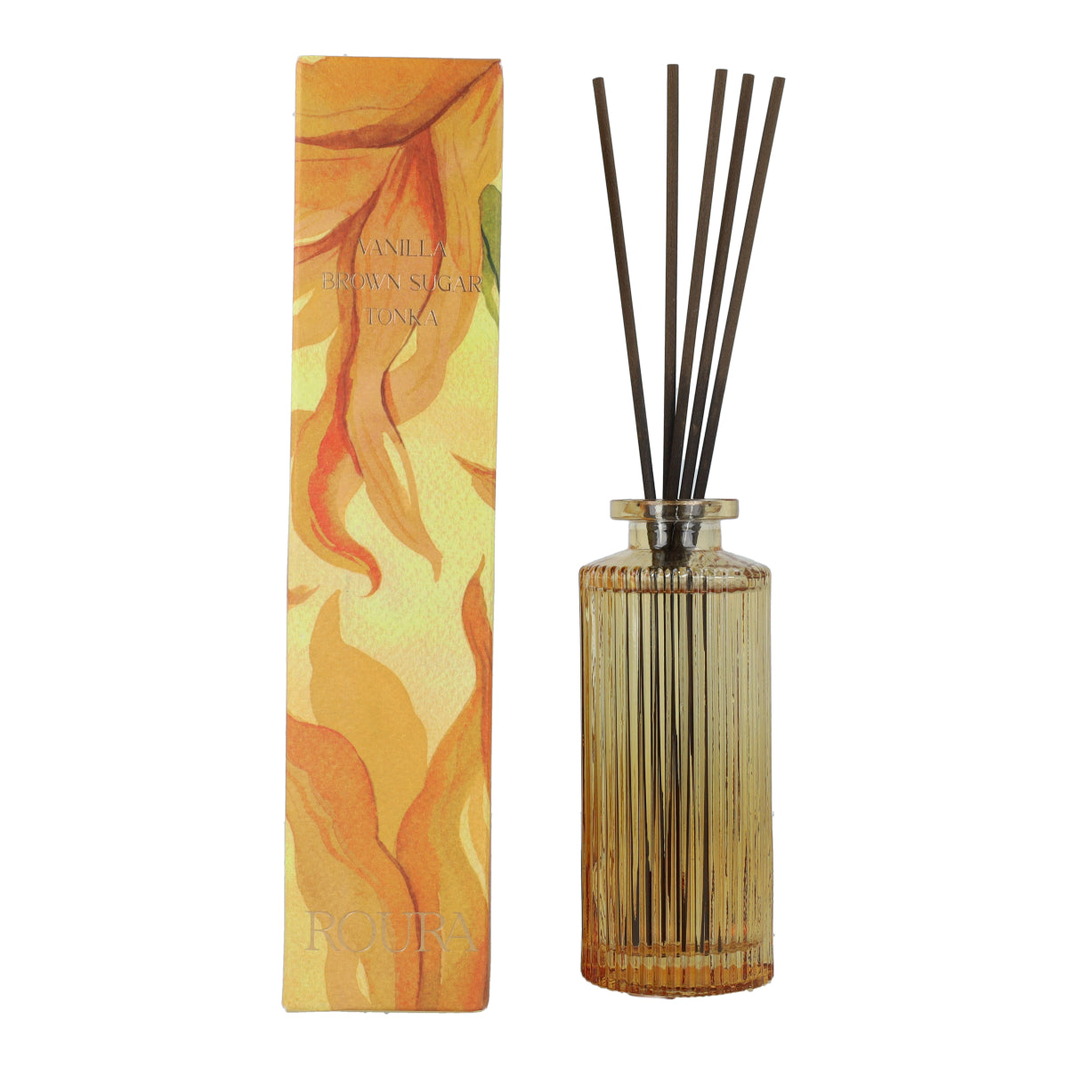 Ambientador mikado vainilla y tonka en frasco rayado amarillo Roura 100 ml