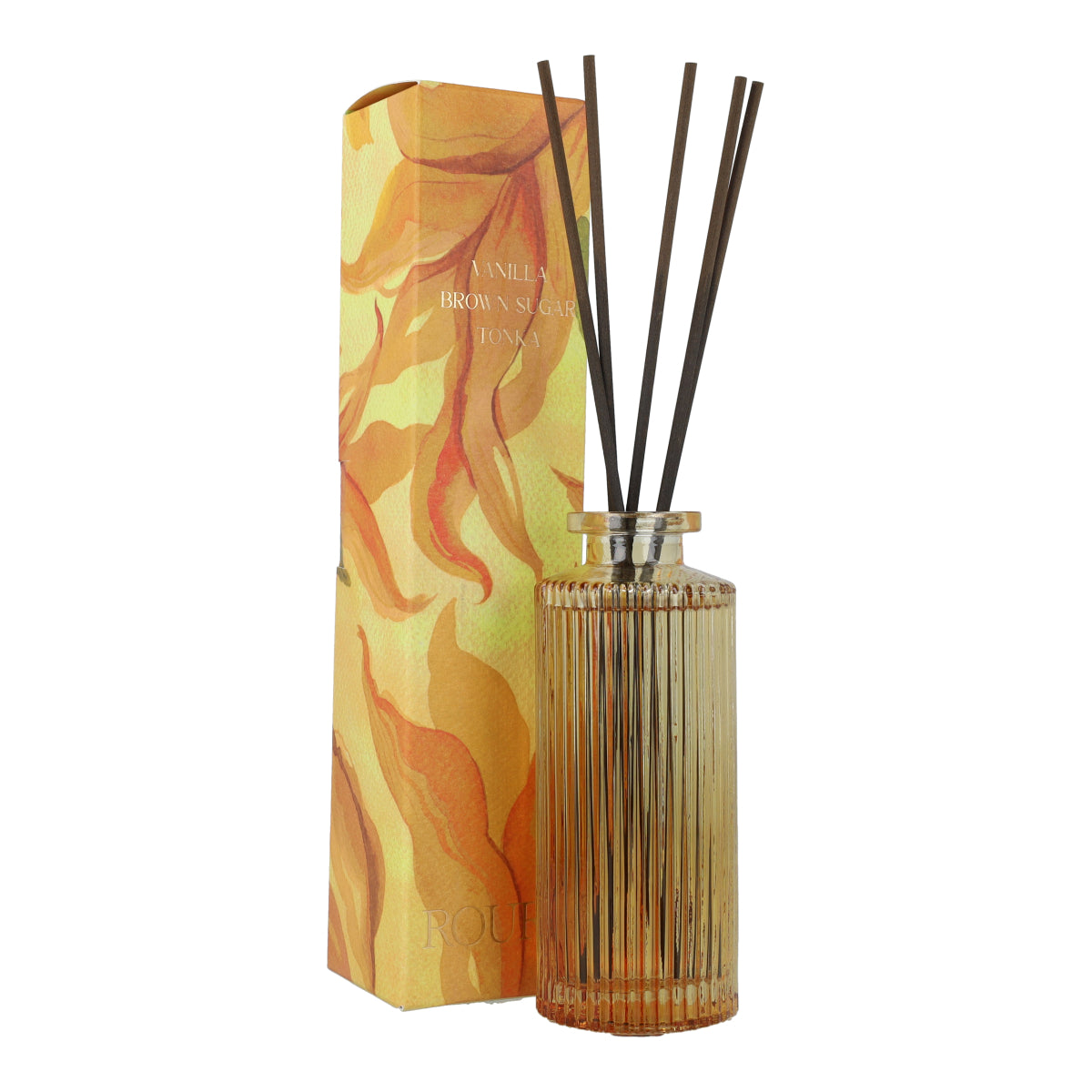 Ambientador mikado vainilla y tonka en frasco rayado amarillo Roura 100 ml